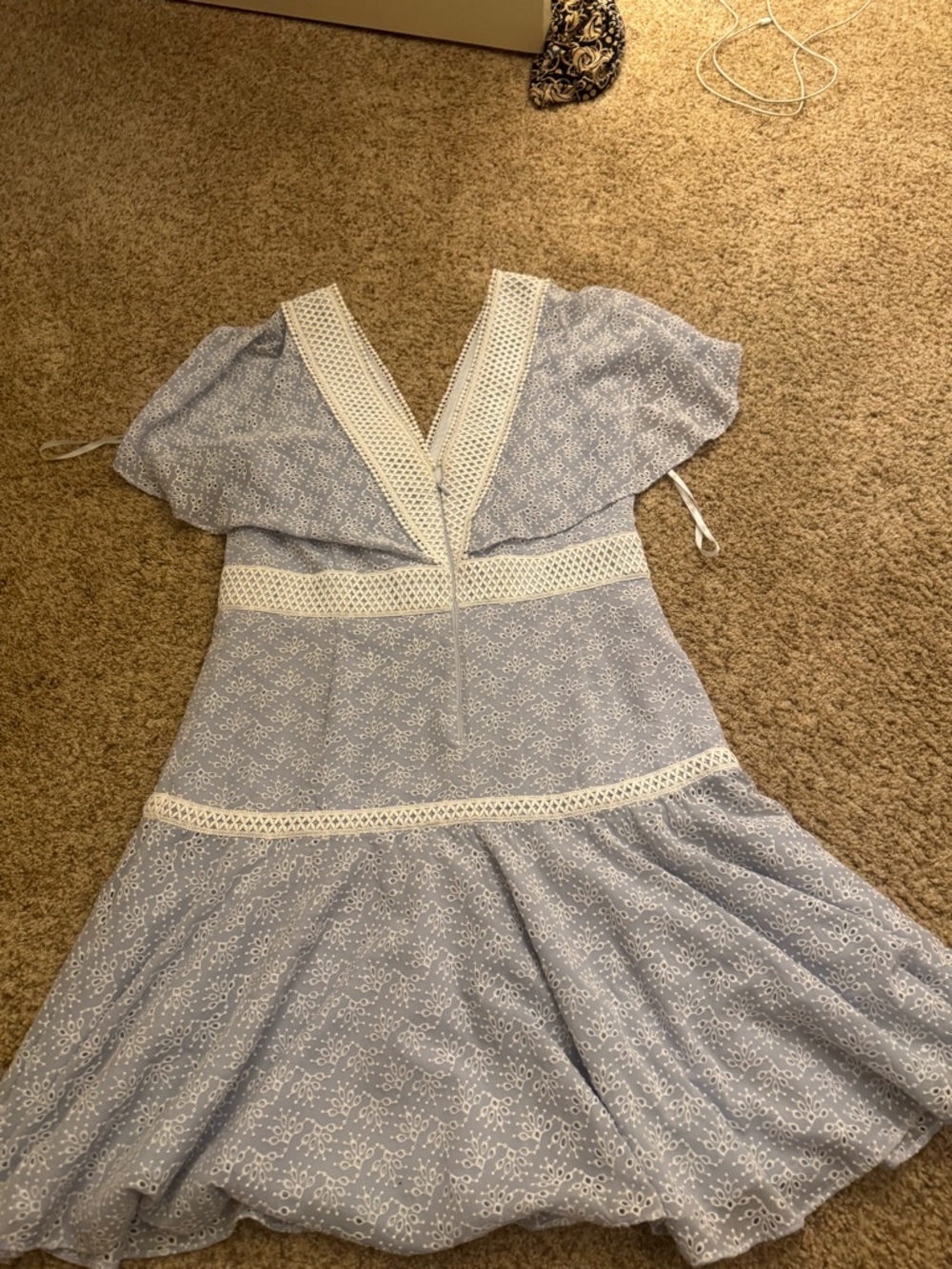 Light Blue Eyelet Lace Fit-and-Flare Dress with Crochet Trim - Picture 3 of 5